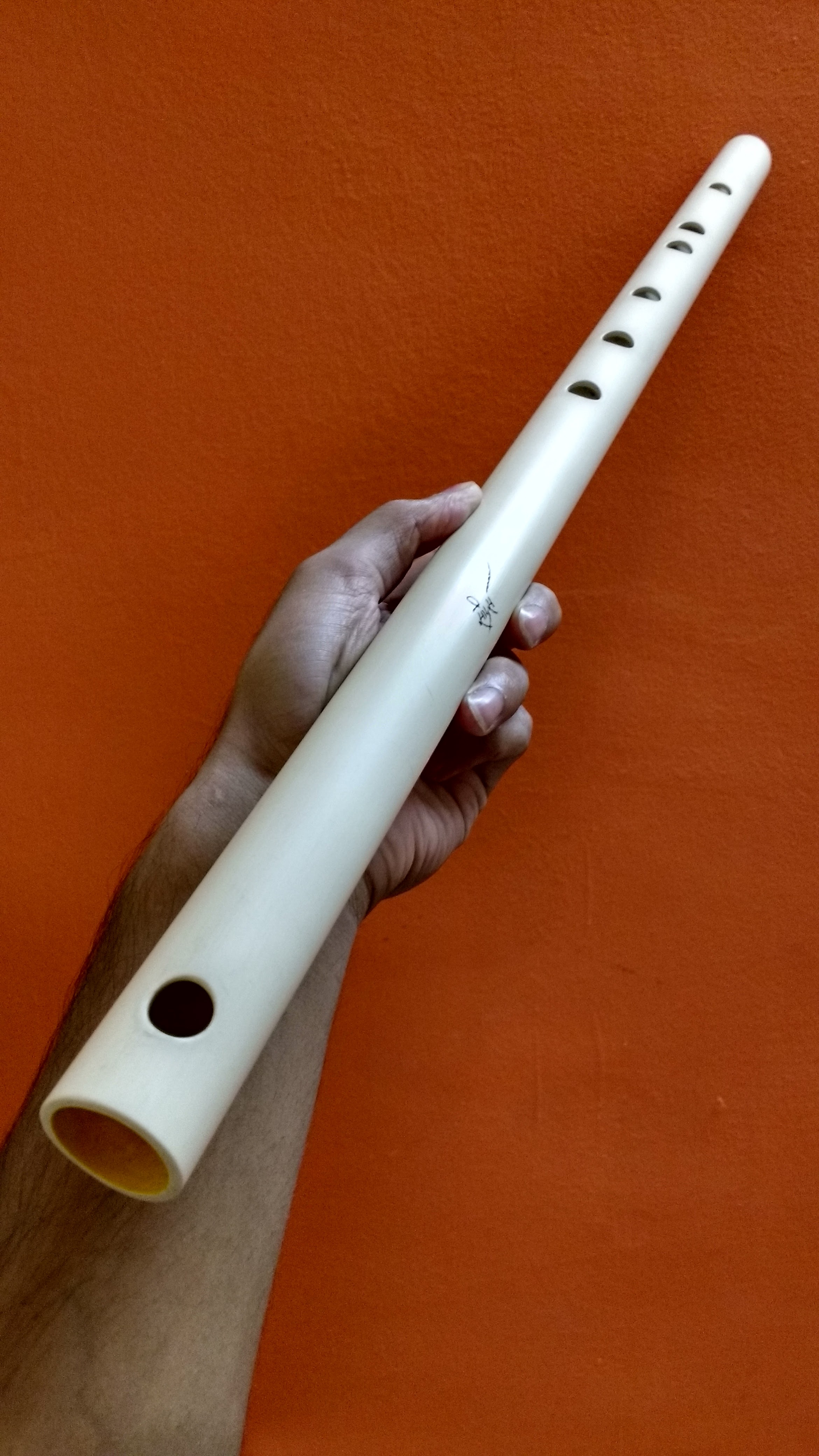 photograph of a hand holding a white flute