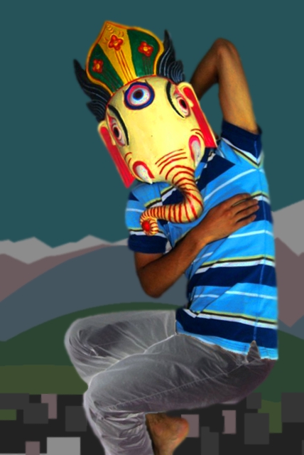 photograph of a person being Ganesh against the backdrop of a cartoon Kathmandu