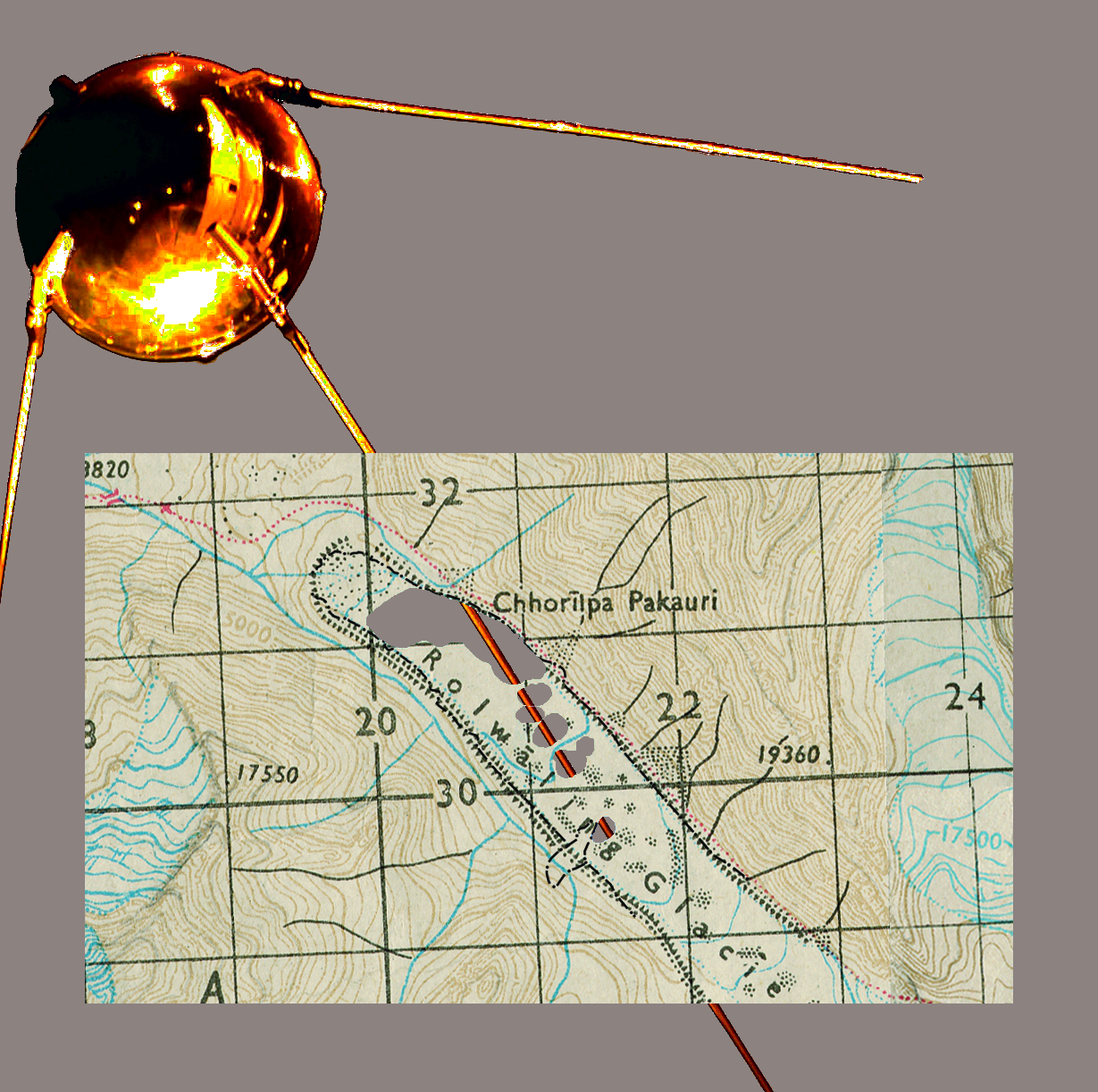 a satellite photograph or map Tso Rolpa lake against the backdrop of the first Sputnik