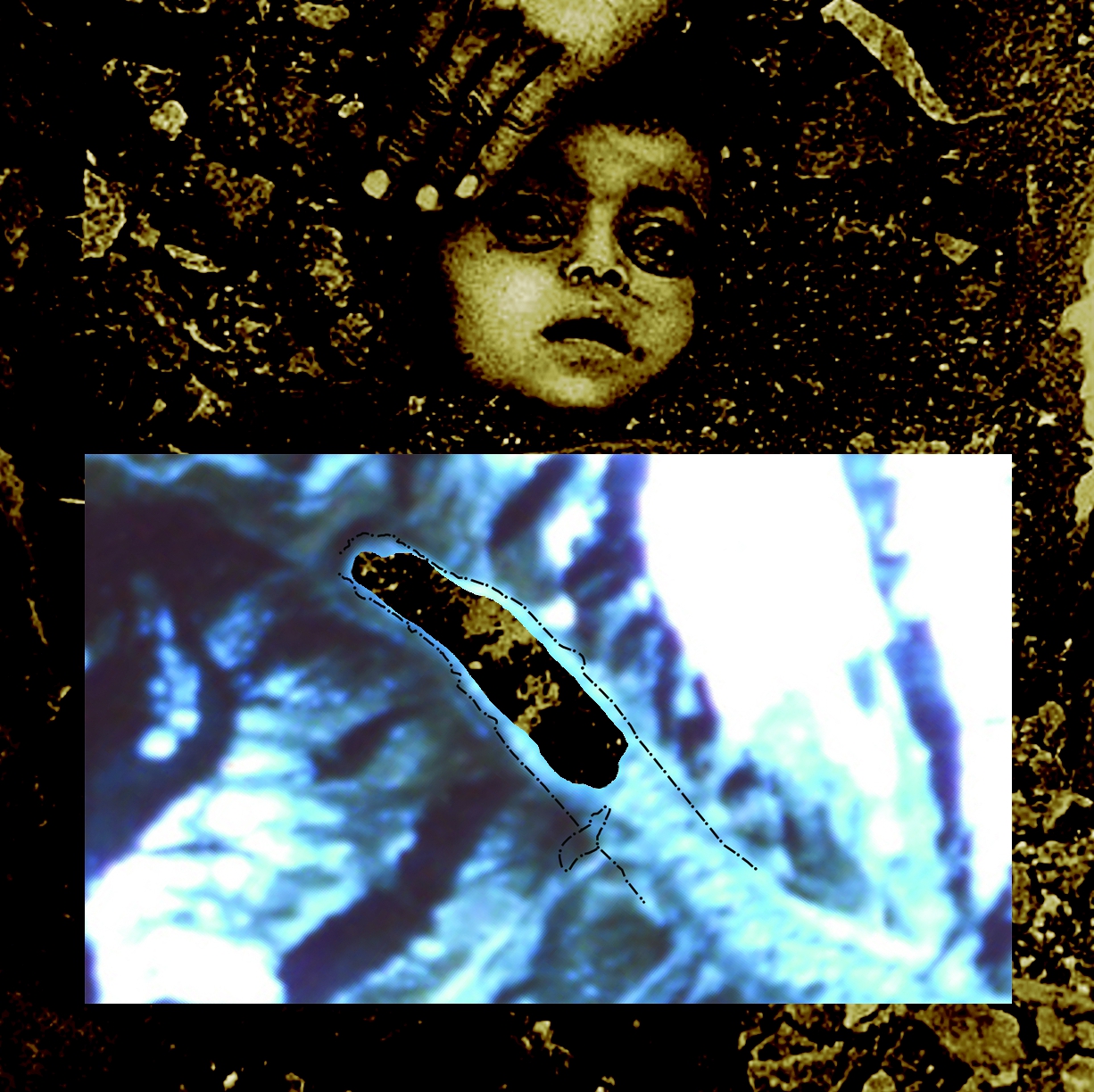 a satellite photograph or map Tso Rolpa lake against the backdrop of an image of child who died in the Bhopal disaster