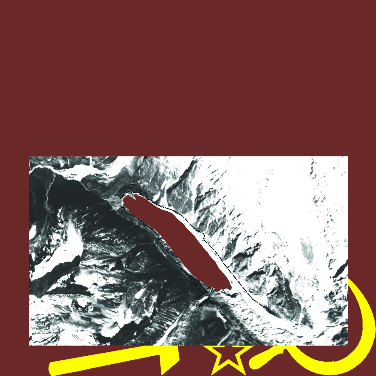 a satellite photograph or map Tso Rolpa lake against the backdrop of a symbolic image showing the fall Soviet Union