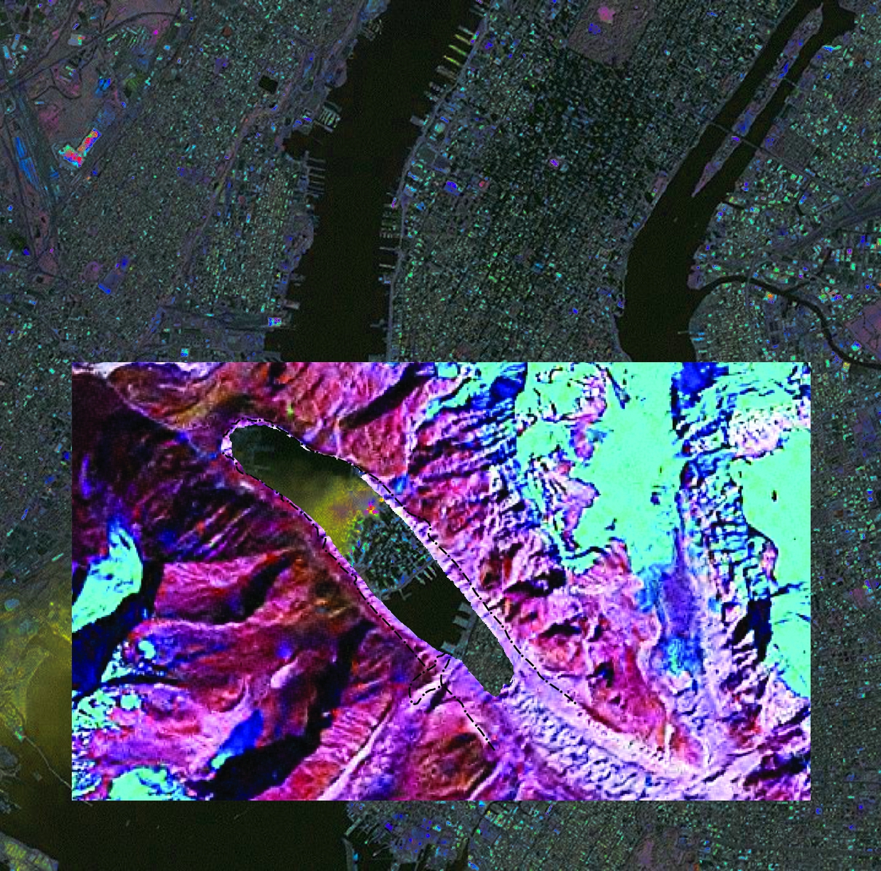 a satellite photograph or map Tso Rolpa lake against the backdrop of a satellite photograph of the September 11 attack