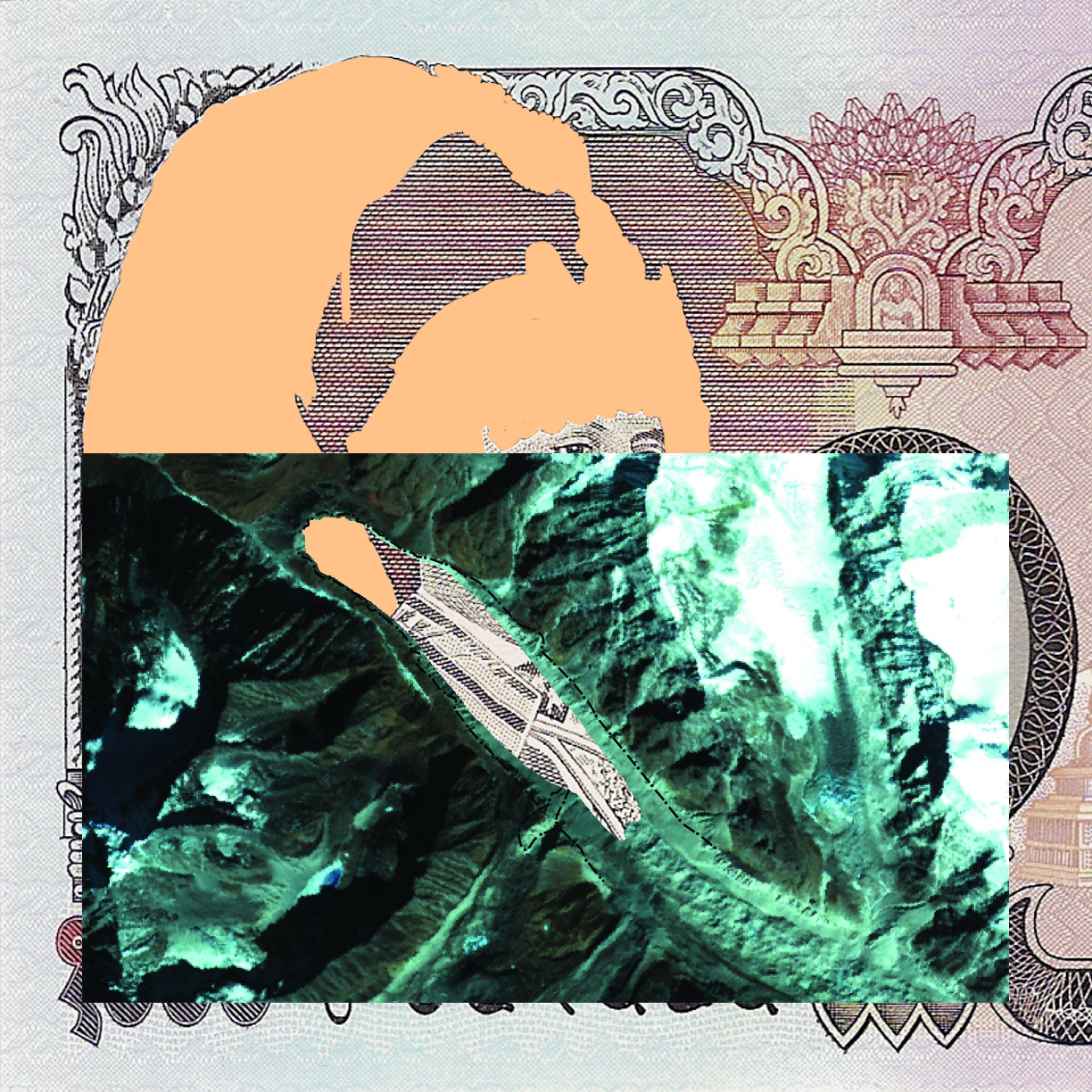 a satellite photograph or map Tso Rolpa lake against the backdrop of a symbolic image showing the fall of Nepal's monarchy