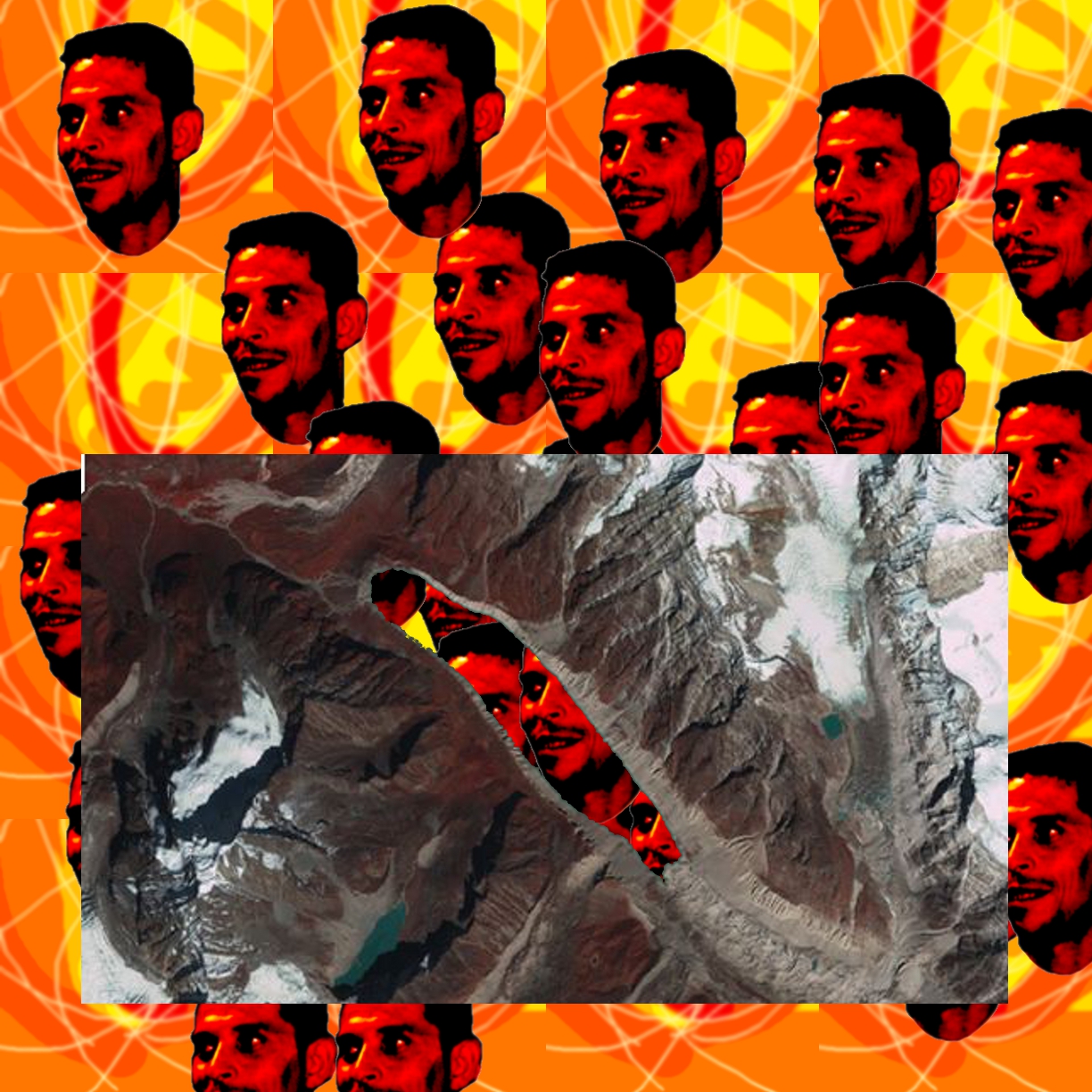 a satellite photograph or map Tso Rolpa lake against the backdrop of a symbolic image showing Mohamed Bouzizi, who set himself on fire, sparking the Tunisian Revolution