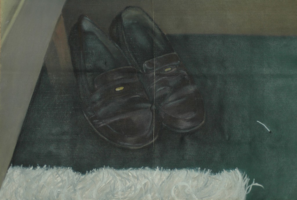 a painting of a pair of shoes in a dark corner