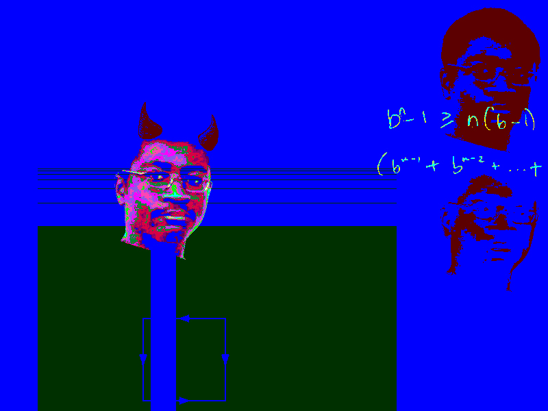 an image of a mathematician in color alongside some mathematical scribbles and depictions of mathematical objects