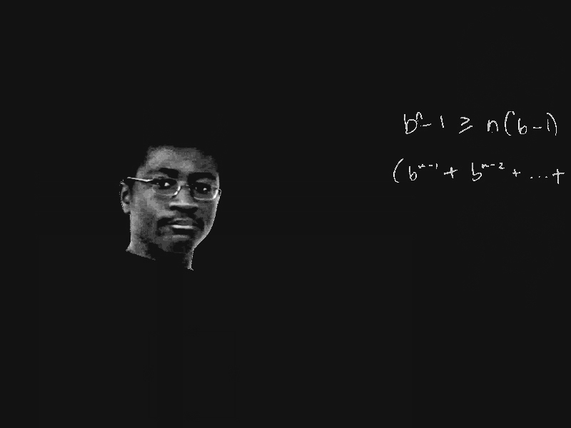 a greyscale image of a mathematician alongside some mathematical scribbles