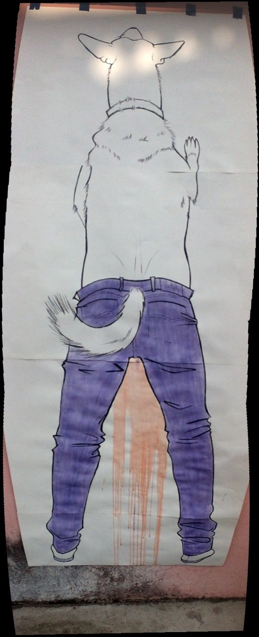 a poster of a half-human-half-dog creature urinating